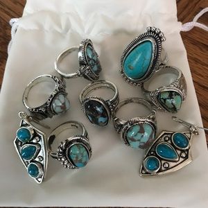 One group of (7) silver turquoise Rings & earrings
